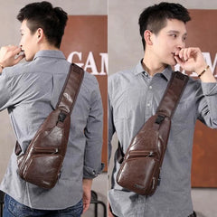 Men's Chest Bag Charge Port USB Crossbody Vintage Business Pouch Dark Brown