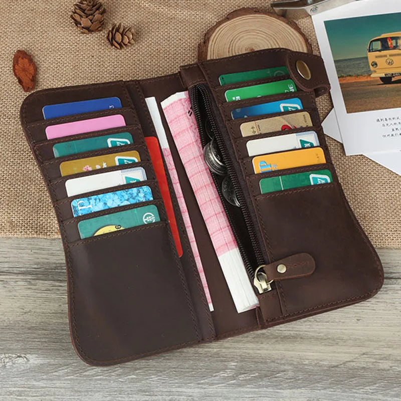 Men's Crazy Horse Leather Wallet Vintage Style Cowhide Handbag Wallet