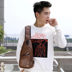 Men's USB Chest Bag Messenger Leather Shoulder Diagonal Travel