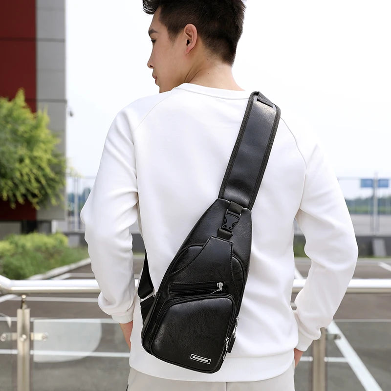 Men's USB Chest Bag Messenger Leather Shoulder Diagonal Travel
