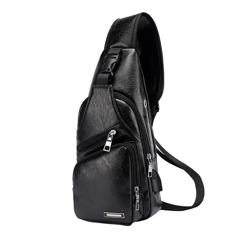 Men's Crossbody Chest Bag USB Charging Leather Shoulder Bag