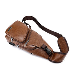 Men's Crossbody Chest Bag USB Charging Leather Shoulder Bag