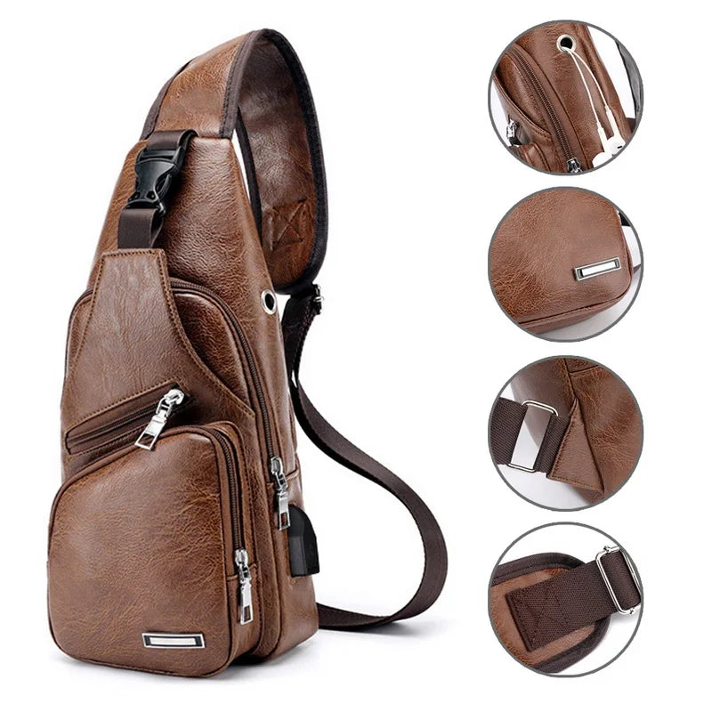 Men's Crossbody Chest Bag USB Charging Leather Shoulder Bag