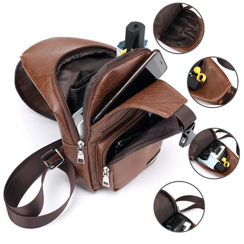 Men's Crossbody Chest Bag USB Charging Leather Shoulder Bag