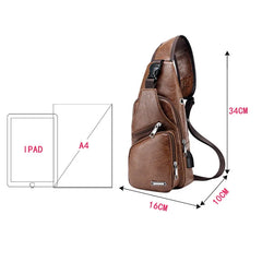 Men's Crossbody Chest Bag USB Charging Leather Shoulder Bag