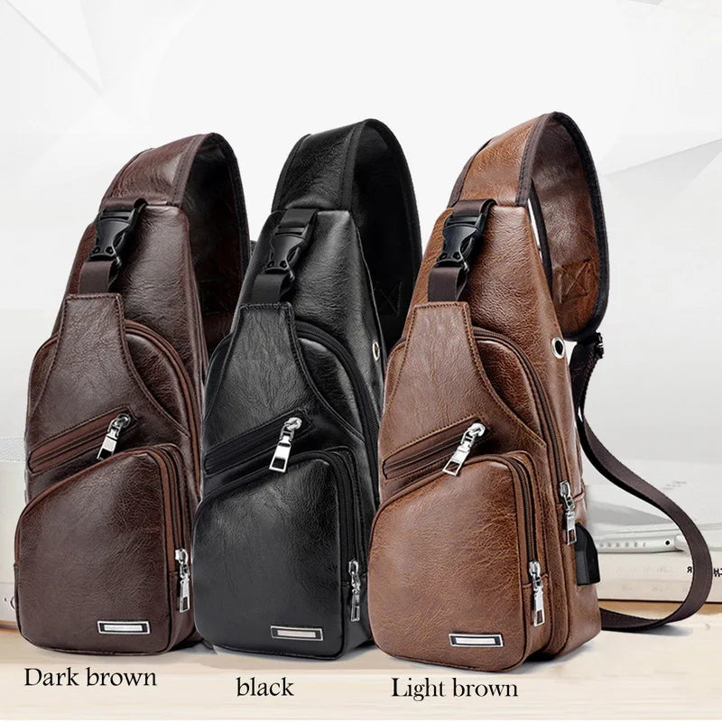 Men's Crossbody Chest Bag USB Charging Leather Shoulder Bag