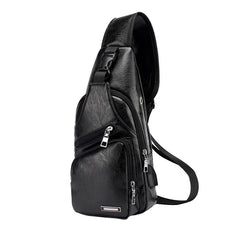Men's Crossbody Chest Bag USB Charging Leather Shoulder Bag