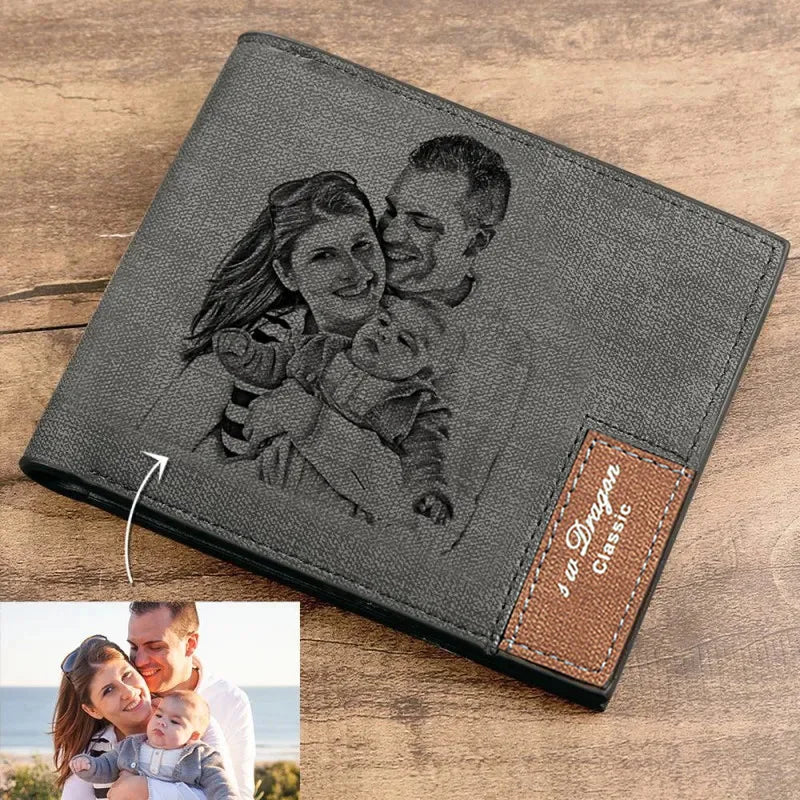 Men's Engraving Photo Wallet Vintage Short Wallet Personalized Gift