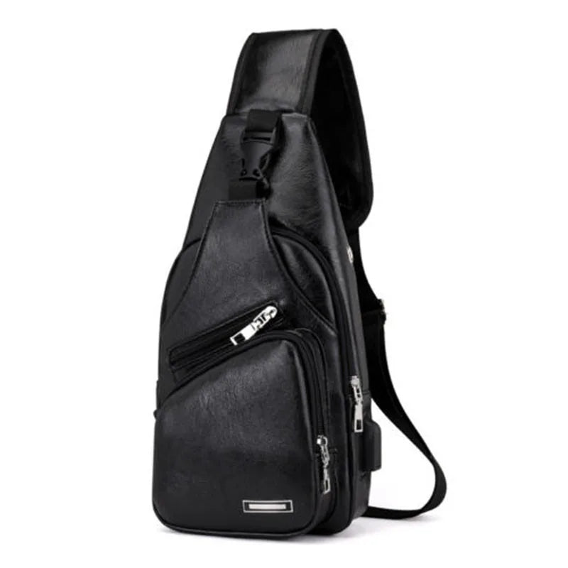 Men's Vintage PU Leather Messenger Bag USB Charging Crossbody Bag