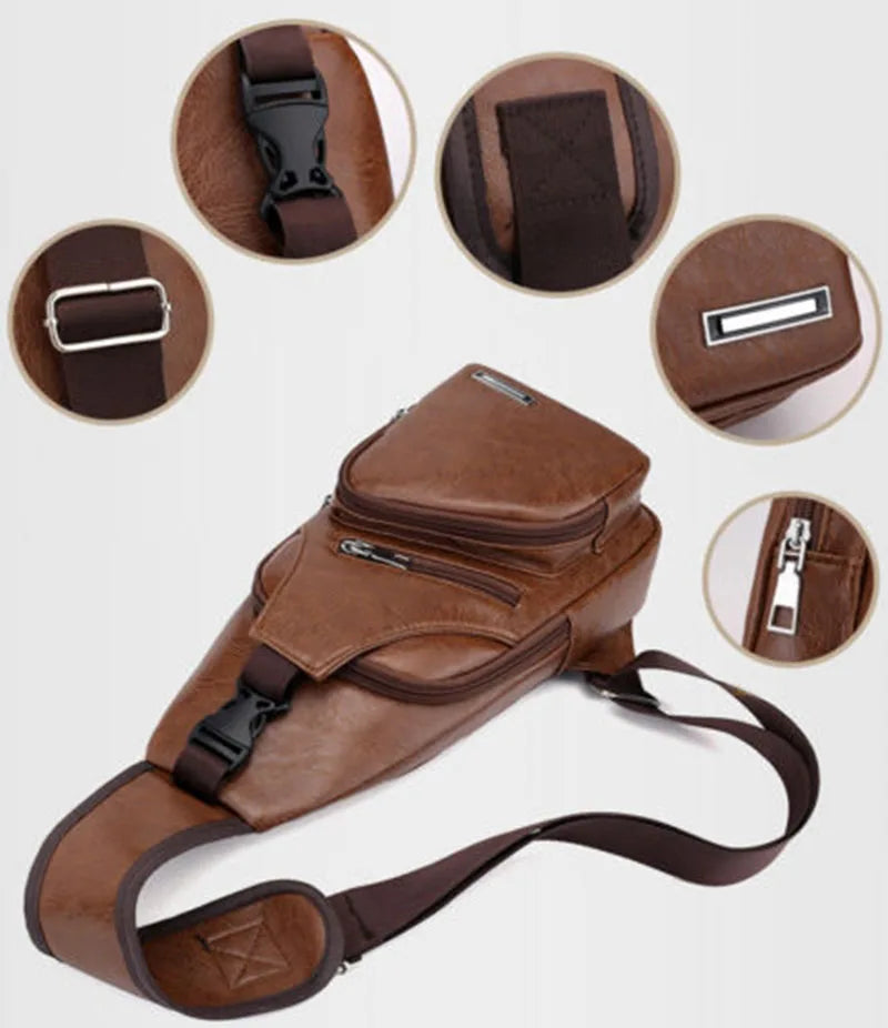 Men's Vintage PU Leather Messenger Bag USB Charging Crossbody Bag