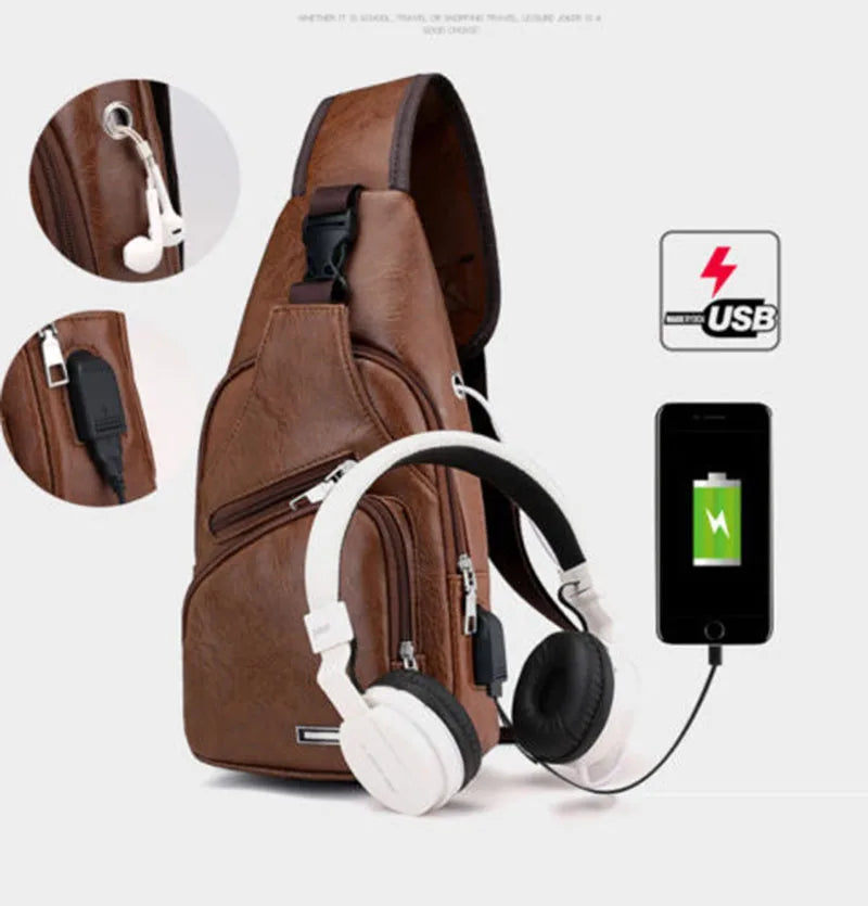 Men's Vintage PU Leather Messenger Bag USB Charging Crossbody Bag