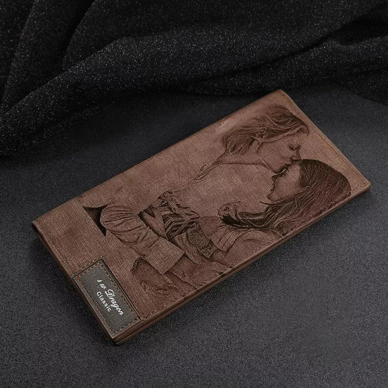 Men's Inscription Photo Engraved Leather Wallet Slim Bifold Style