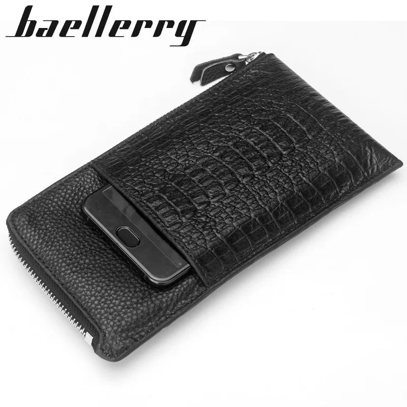 Men's Crocodile Pattern Zipper Long Wallet Cowhide Clutch