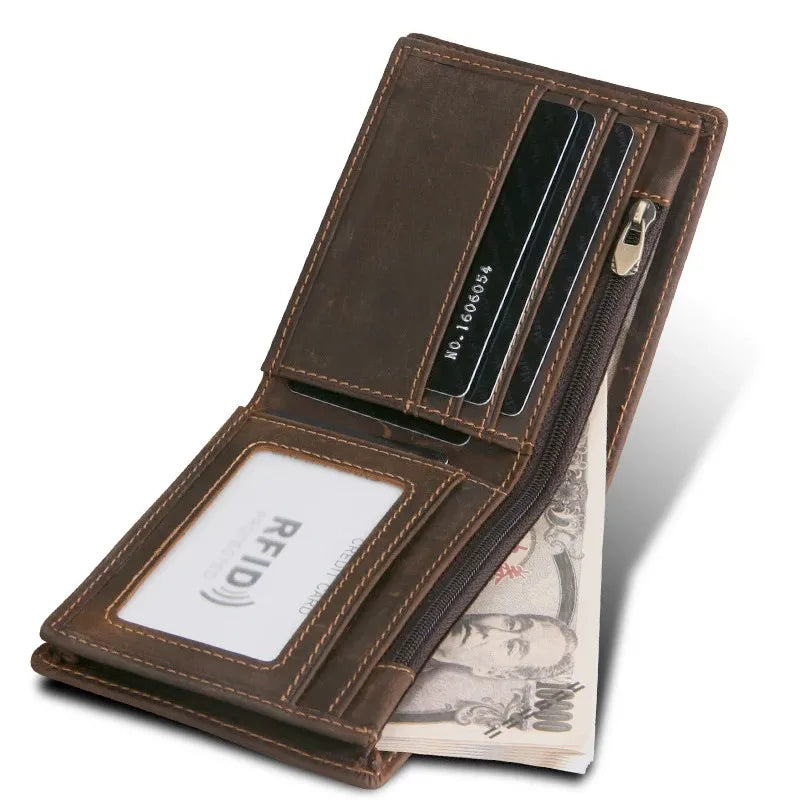 Men's Oil Wax Skin Wallet RFID Protection Cow Leather Billfold Coin Purse