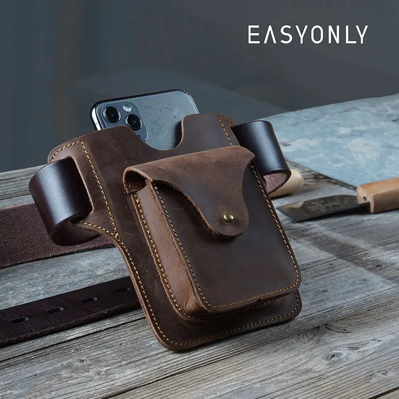 Men's Portable Sports Running Phone Storage Belt Bag Crazy Horse Leather