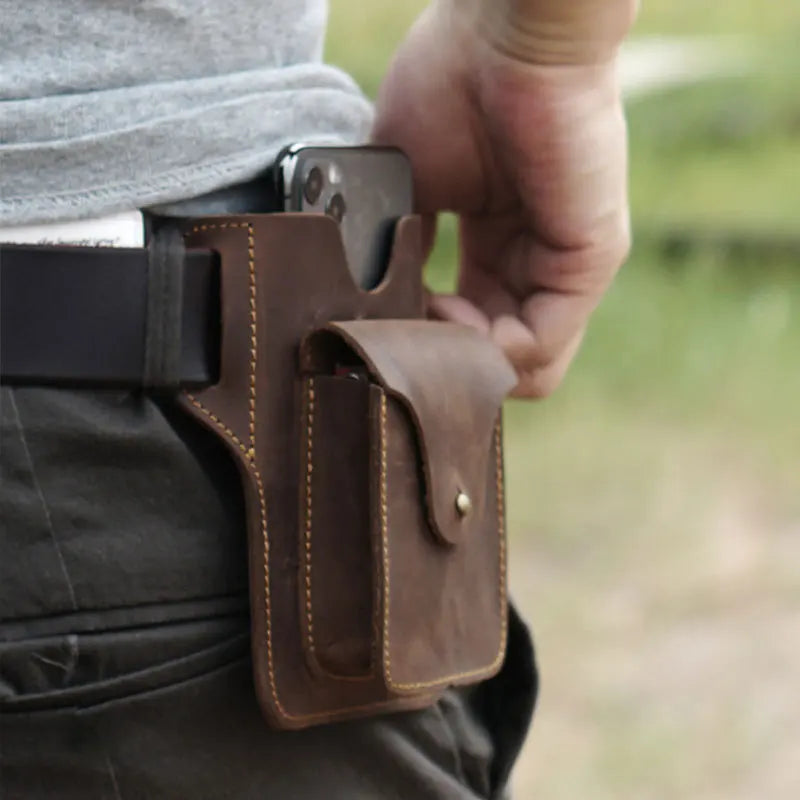 Men's Portable Sports Running Phone Storage Belt Bag Crazy Horse Leather
