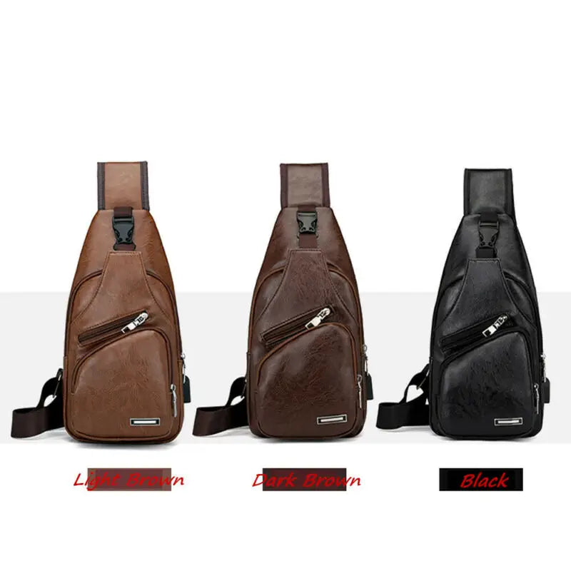 Men's Shoulder Bag Sling Chest Pack PU Leather USB Charging Sports Crossbody Bag