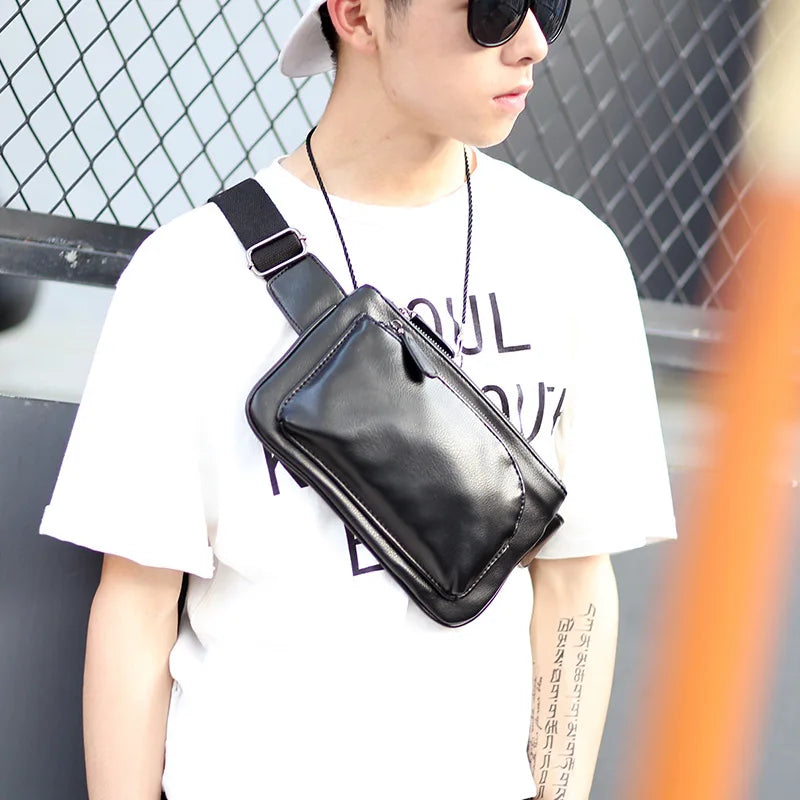 Men's Solid Chest bag PU Leather waist bag male Double zipper Crossbody bags
