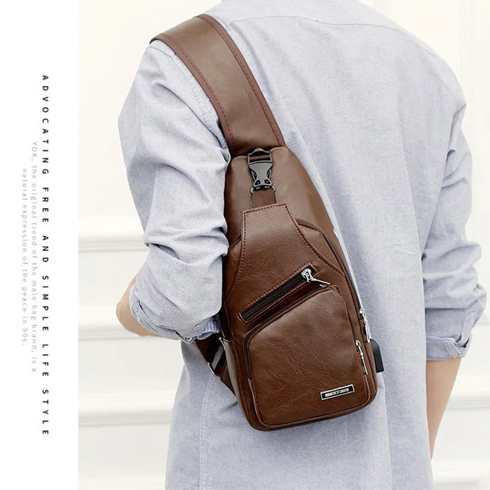 Men's Leather Chest Bag USB Charging Cross Body Travel Shoulder Bag