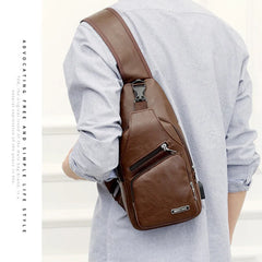 Men's Leather Chest Bag USB Charging Cross Body Travel Shoulder Bag