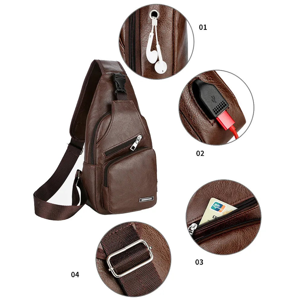 Men's Leather Chest Bag USB Charging Cross Body Travel Shoulder Bag