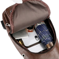 Men's Leather Chest Bag USB Charging Cross Body Travel Shoulder Bag