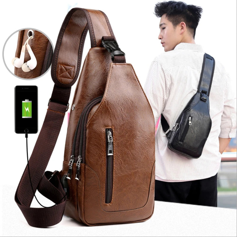 Men's Leather Chest Bag USB Charging PU Shoulder Bag Diagonal Messenger Travel