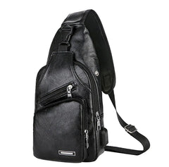 Men's Leather Chest Bag USB Charging Cross Body Travel Shoulder Bag