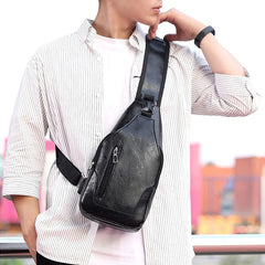 Men's Leather Chest Bag USB Charging PU Shoulder Bag Diagonal Messenger Travel