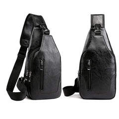 Men's Leather Chest Bag USB Charging PU Shoulder Bag Diagonal Messenger Travel