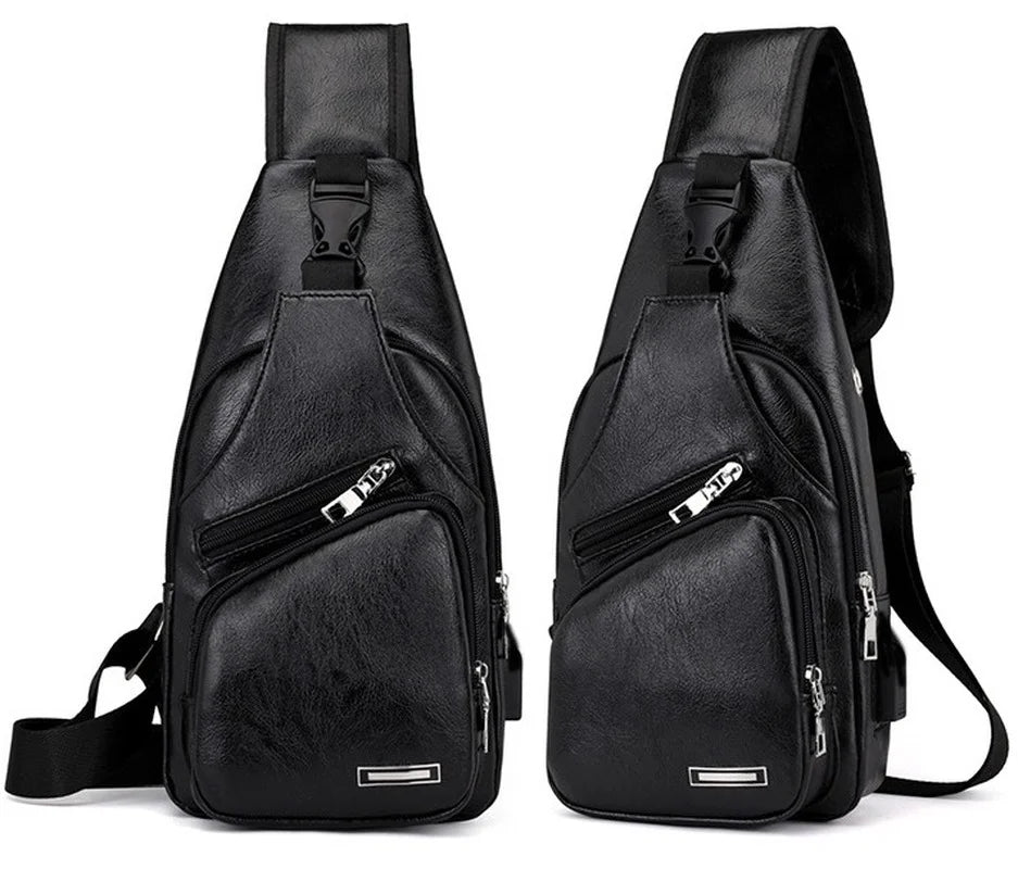 Men's USB Chest Bag PU Leather Shoulder Bags