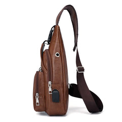 Men's USB Chest Bag Men Messenger Crossbody Package PU Leather Shoulder Bags