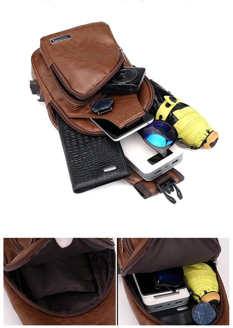 Men's USB Chest Bag PU Leather Shoulder Bags