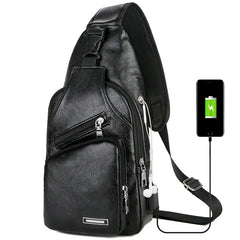 Men's USB Chest Bag PU Leather Shoulder Bags Travel Chest Bag Bolso Hombre