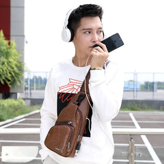 Men's USB Chest Bag Men Messenger Crossbody Package PU Leather Shoulder Bags