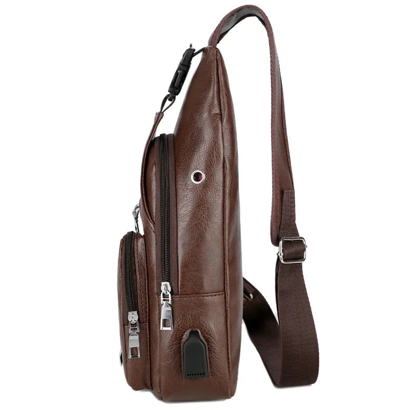 Men's USB Chest Bag PU Leather Shoulder Bags Travel Chest Bag Bolso Hombre