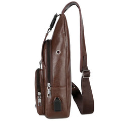 Men's USB Chest Bag PU Leather Shoulder Bags Travel Chest Bag Bolso Hombre