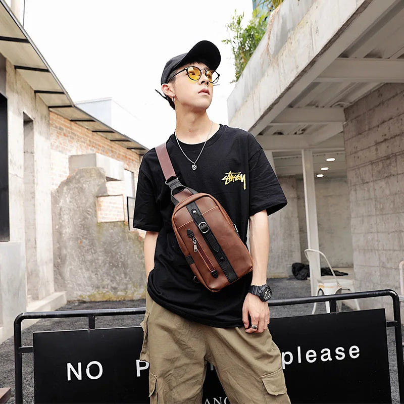 Men's Vintage Chest Bag Crazy Horse PU Leather Messenger Bag Small
