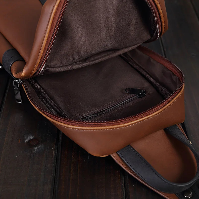 Men's Vintage Chest Bag Crazy Horse PU Leather Messenger Bag Small