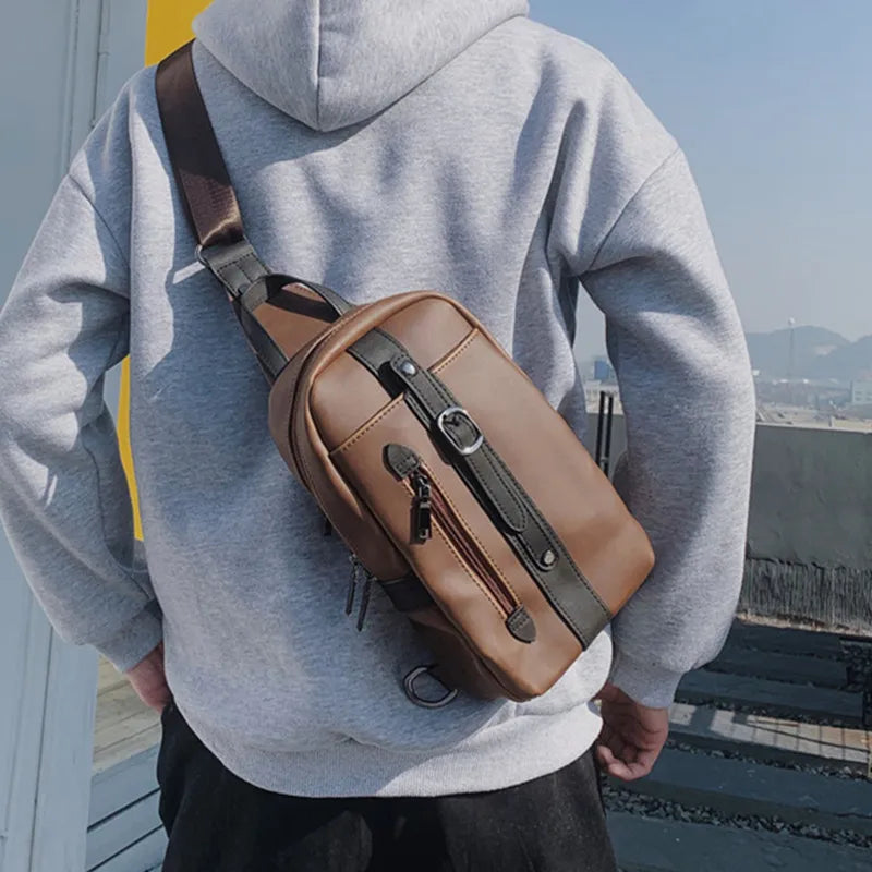 Men's Vintage Chest Bag Crazy Horse PU Leather Messenger Bag Small