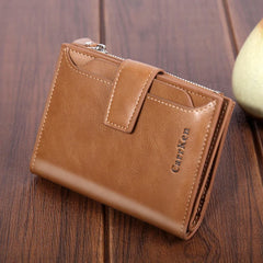 Men's Short Wallet Button Zipper Oil Wax Leather Clutch Bag