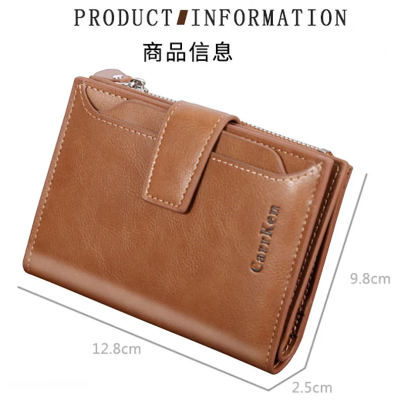 Men's Short Wallet Button Zipper Oil Wax Leather Clutch Bag