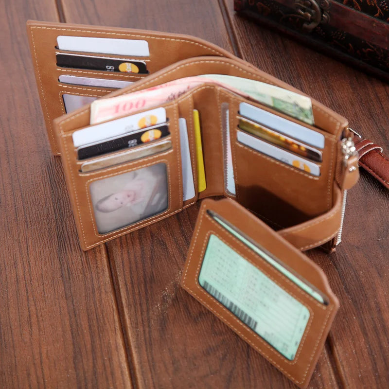 Men's Short Wallet Button Zipper Oil Wax Leather Clutch Bag