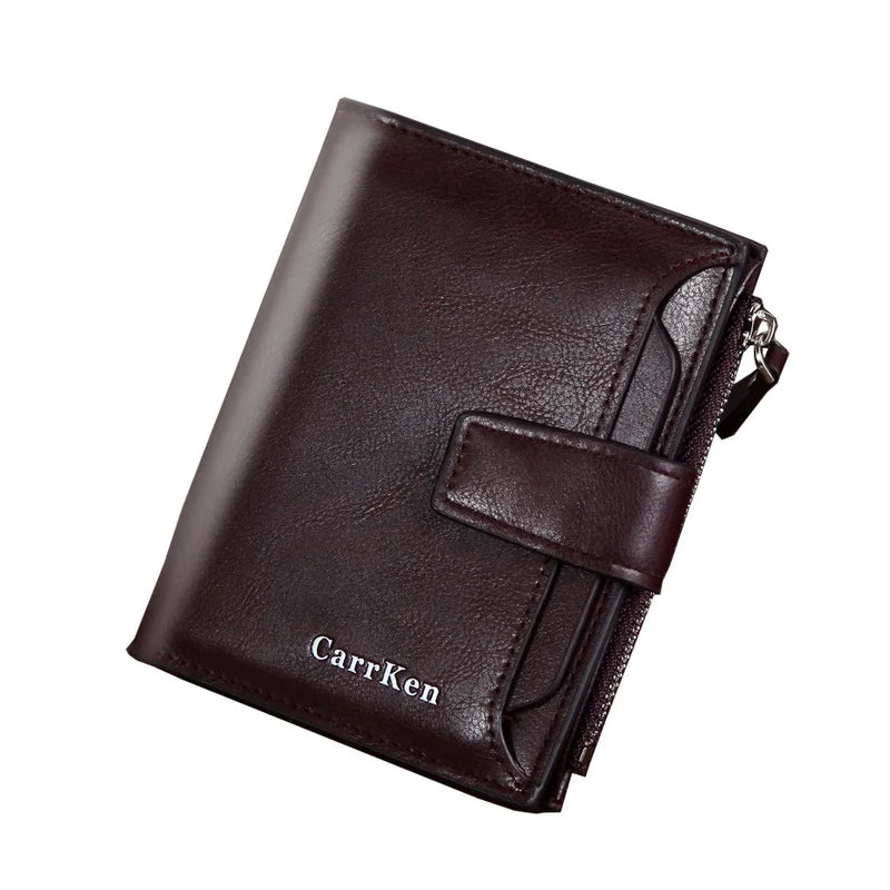 Men's Short Wallet Button Zipper Oil Wax Leather Clutch Bag
