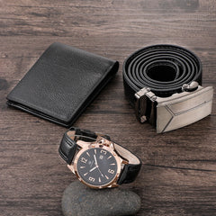 Men's Watch+Wallet+Belt Set Gift for Father Boyfriend PU Strap