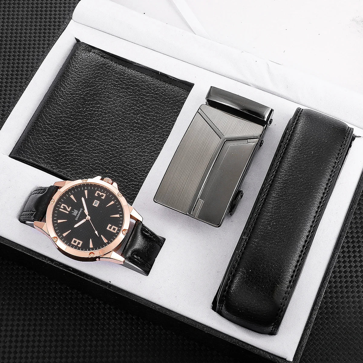 Men's Watch+Wallet+Belt Set Gift for Father Boyfriend PU Strap