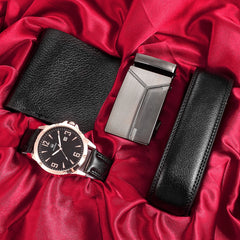 Men's Watch+Wallet+Belt Set Gift for Father Boyfriend PU Strap