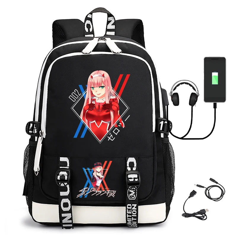 Men's Zero Two Printed USB Rechargeable Waterproof Nylon Backpack