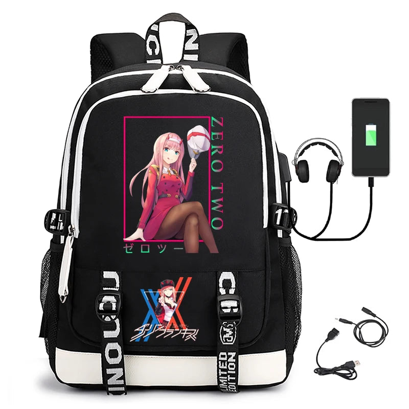 Men's Zero Two Printed USB Rechargeable Waterproof Nylon Backpack