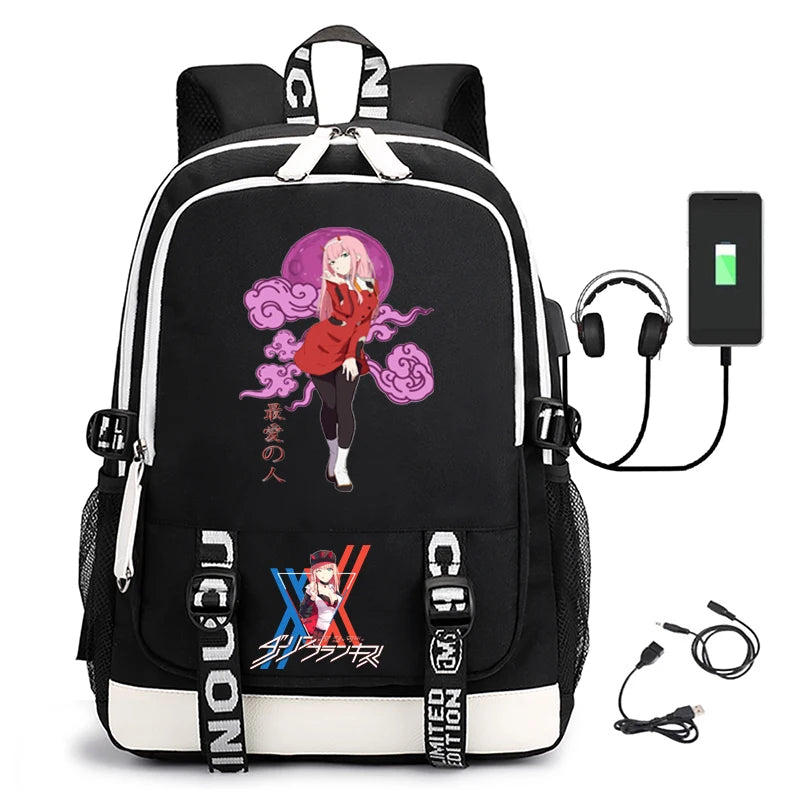 Men's Zero Two Printed USB Rechargeable Waterproof Nylon Backpack